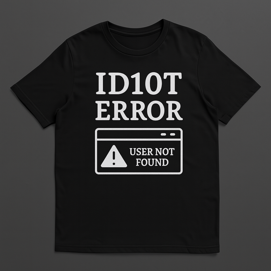 Schwarzes T-Shirt mit dem weißen Aufdruck "ID10T ERROR – User not found", nerdiges Statement-Design für IT-Fans und Code-Liebhaber.
