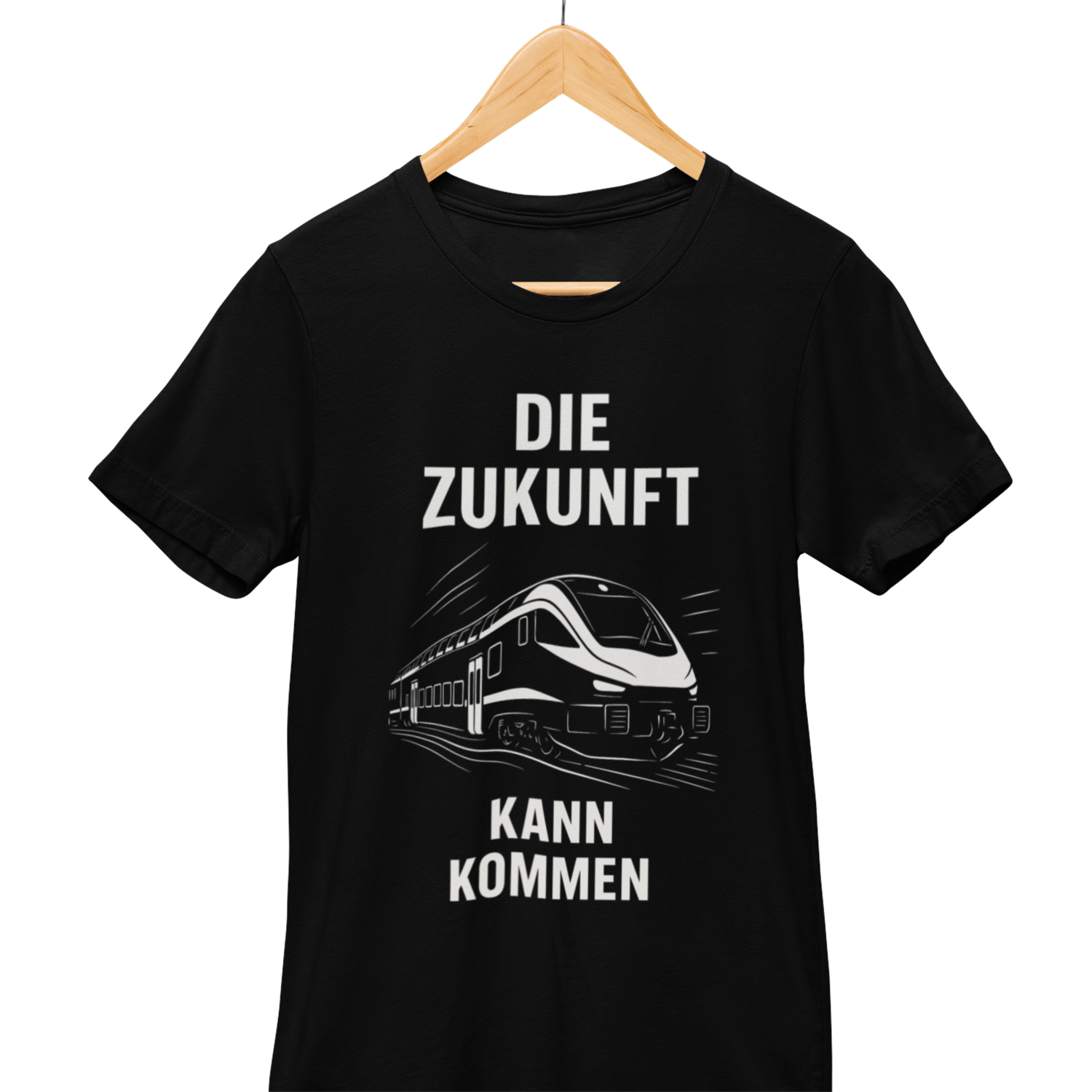 Schwarzes T-Shirt mit weißer Grafik eines modernen Triebzugs und dem Spruch „Die Zukunft kann kommen“ – Kollektion Eisenbahn Schwarz, Statement-Shirt für Eisenbahner und Zugfans.