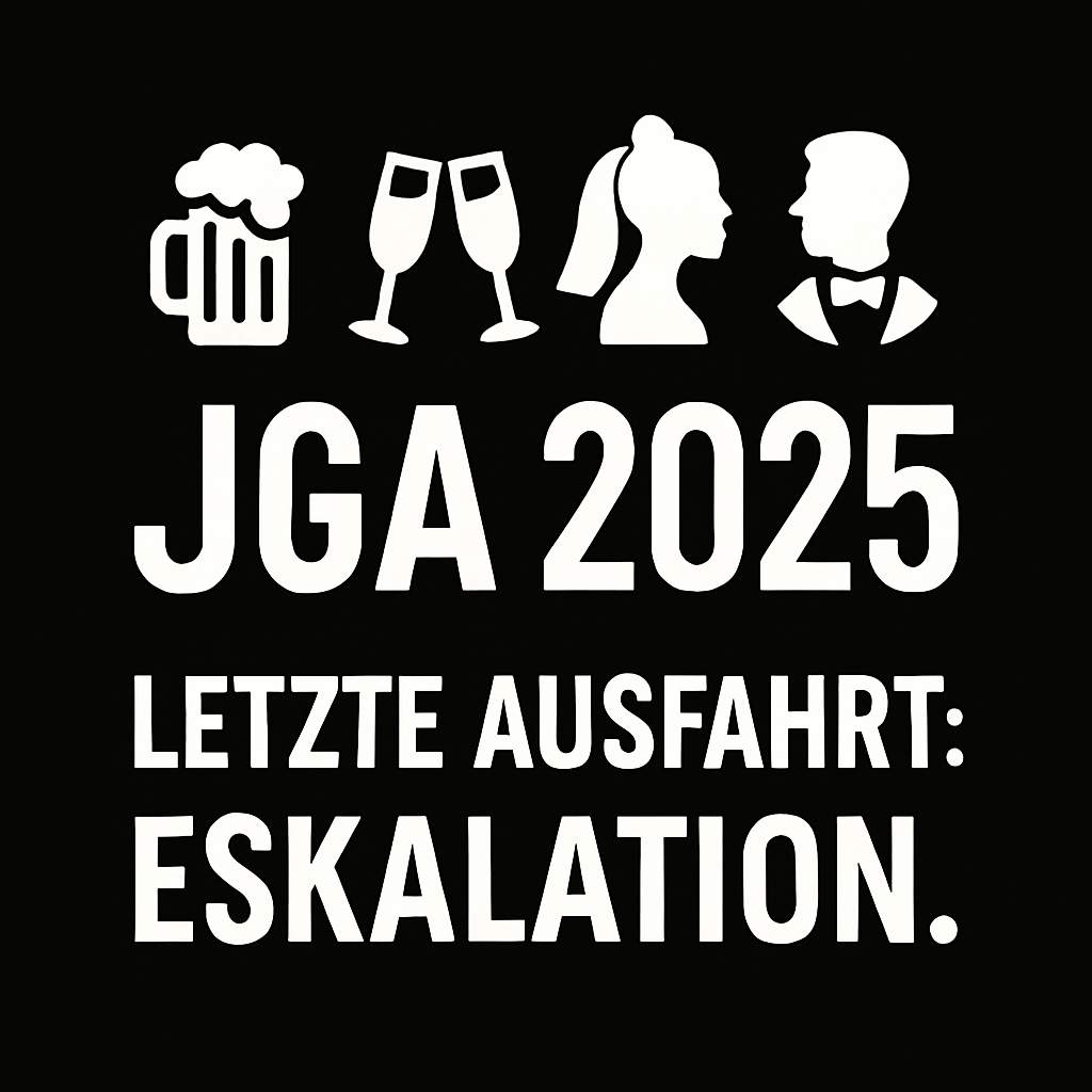 Party-Symbole und Text: JGA 2025 – Letzte Ausfahrt: Eskalation. Auf schwarzem Hintergrund. Kollektionsbild für Junggesellenabschieds-Shirts.