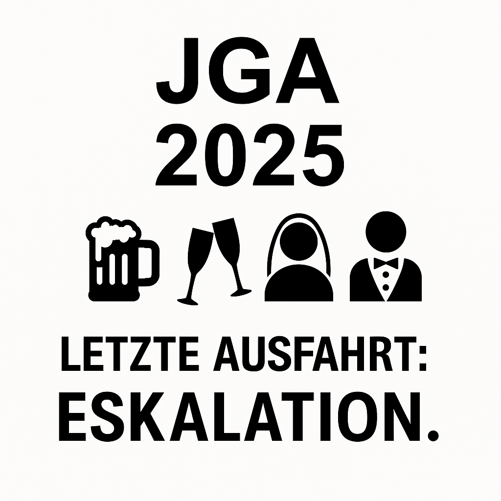 Schwarze Icons und Text: JGA 2025 – Letzte Ausfahrt: Eskalation. Weißer Hintergrund. Kollektionsbild für JGA-Shirts in Weiß.