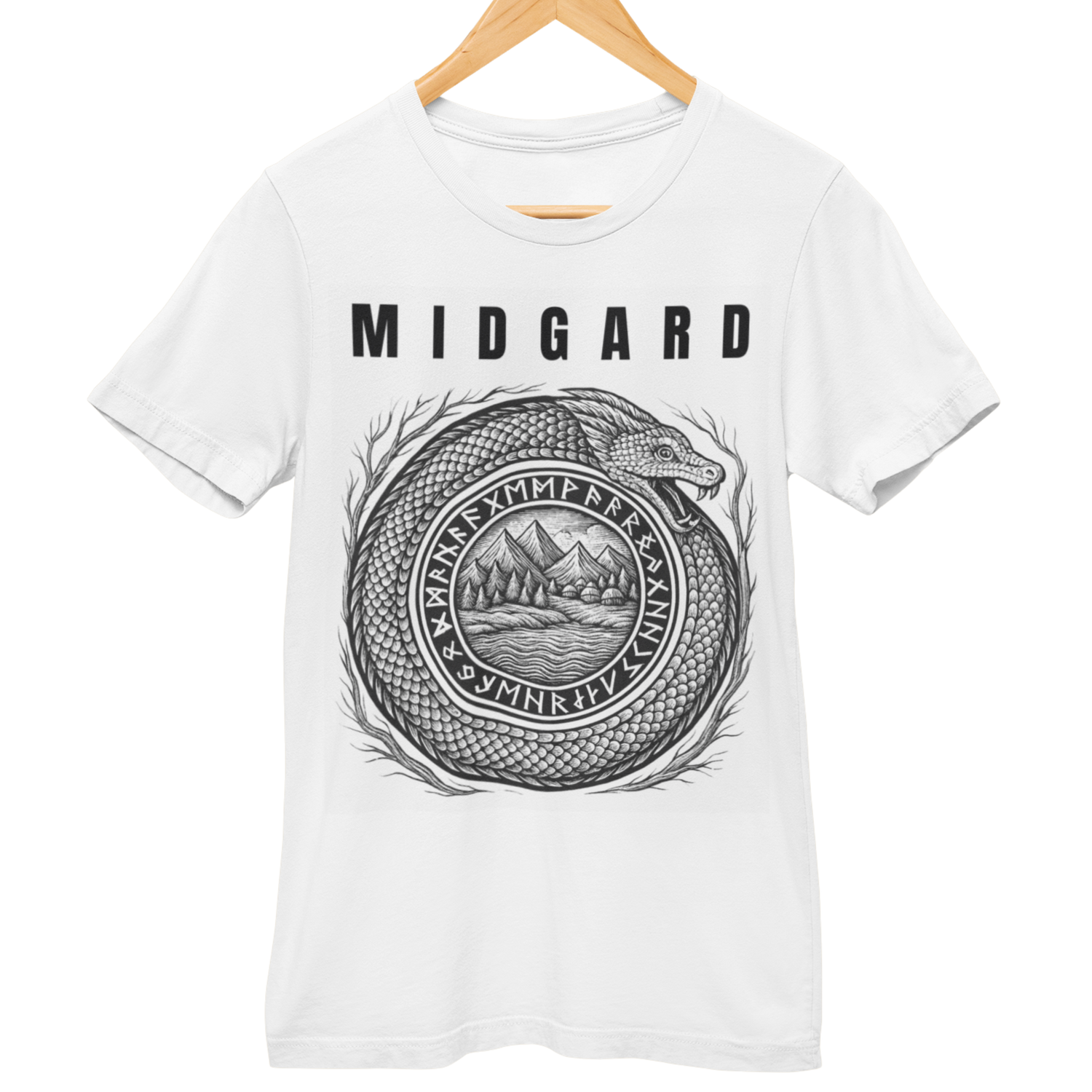 Weißes T-Shirt mit schwarzem Druck: Jörmungandr im Kreis mit Bergen, Wald und Runen, darüber der Schriftzug „MIDGARD“.