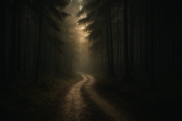 Waldszene im morgendlichen Licht, Sonne fällt durch die Bäume, symbolisiert das Wilde und Natürliche im Menschen – Nyrra-Design.