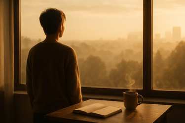 Person blickt morgens aus dem Fenster auf eine Stadt, warme Sonne fällt auf Schreibtisch mit Notizbuch und Kaffee – Symbol für Haltung und Fortschritt – Nyrra-Design.