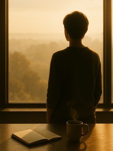 Person blickt morgens aus dem Fenster auf eine Stadt, warme Sonne fällt auf Schreibtisch mit Notizbuch und Kaffee – Symbol für Haltung und Fortschritt – Nyrra-Design.