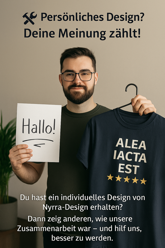 Mann mit Bart hält ein personalisiertes T-Shirt und ein Hallo-Schild hoch – Feedback für Sonderanfertigung bei Nyrra-Design
