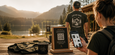 Gäste eines Tourismusbetriebs entdecken über einen QR-Code individuellen Merch auf dem Smartphone. Outdoor-Szene mit personalisierten T-Shirts, Merch-Aufsteller und Naturkulisse als Beispiel für das Nyrra Merch System ohne Lagerhaltung und organisatorischen Aufwand.