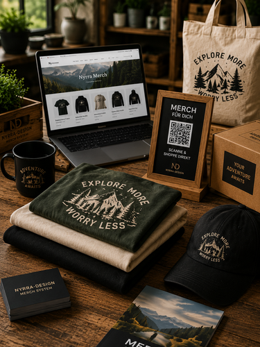 Merch-Produkte von Nyrra-Design mit Landingpage, QR-Code-Aufsteller, Kleidung und Accessoires für flexible Merch-Systeme ohne Mindestmengen und Lager.