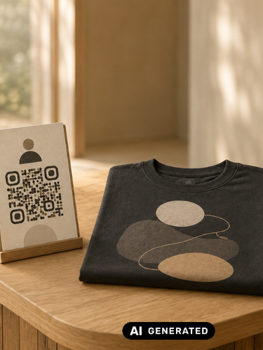 QR-Aufsteller aus Karton neben gefaltetem bedrucktem T-Shirt auf einem Holztisch – Merch für Besucher ohne eigenes Lager, KI-generiertes Bild