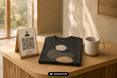 QR-Aufsteller aus Karton neben gefaltetem bedrucktem T-Shirt und Tasse auf einem Holztisch – Merch für Besucher ohne eigenes Lager, KI-generiertes Bild