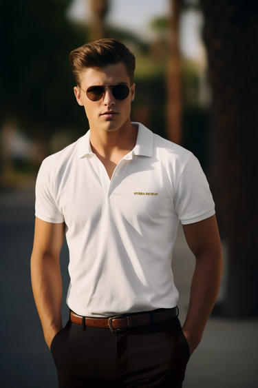 Mann trägt weißes NYRRA-DESIGN Premium-Piqué-Poloshirt mit goldener Stickerei, eleganter Look