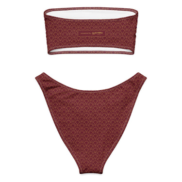 Bandeau-Bikini Art déco – Rückseite mit powered by Nyrra-Design Plakette – Flatlay