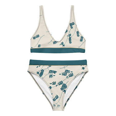 High-Waist-Bikini Porzellan Creme-Petrol – Frontansicht am Model