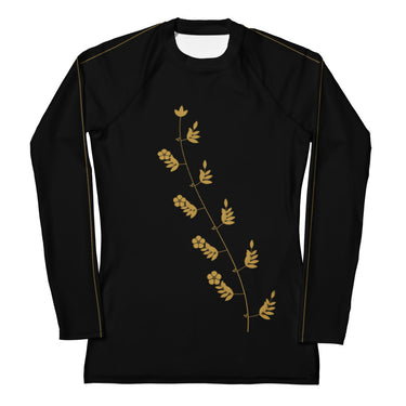 Damen-Rashguard Goldranke powered by Nyrra-Design – Schwarz-Gold – Frontansicht am Model