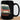 schwarze Tasse mit realistisch illustrierter Triebwagen-Front in creme-rot-blau, technische Details, Bahn-Look