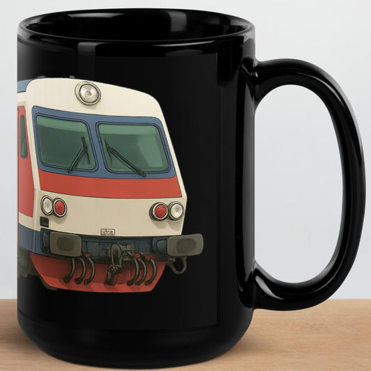schwarze Tasse mit realistisch illustrierter Triebwagen-Front in creme-rot-blau, technische Details, Bahn-Look
