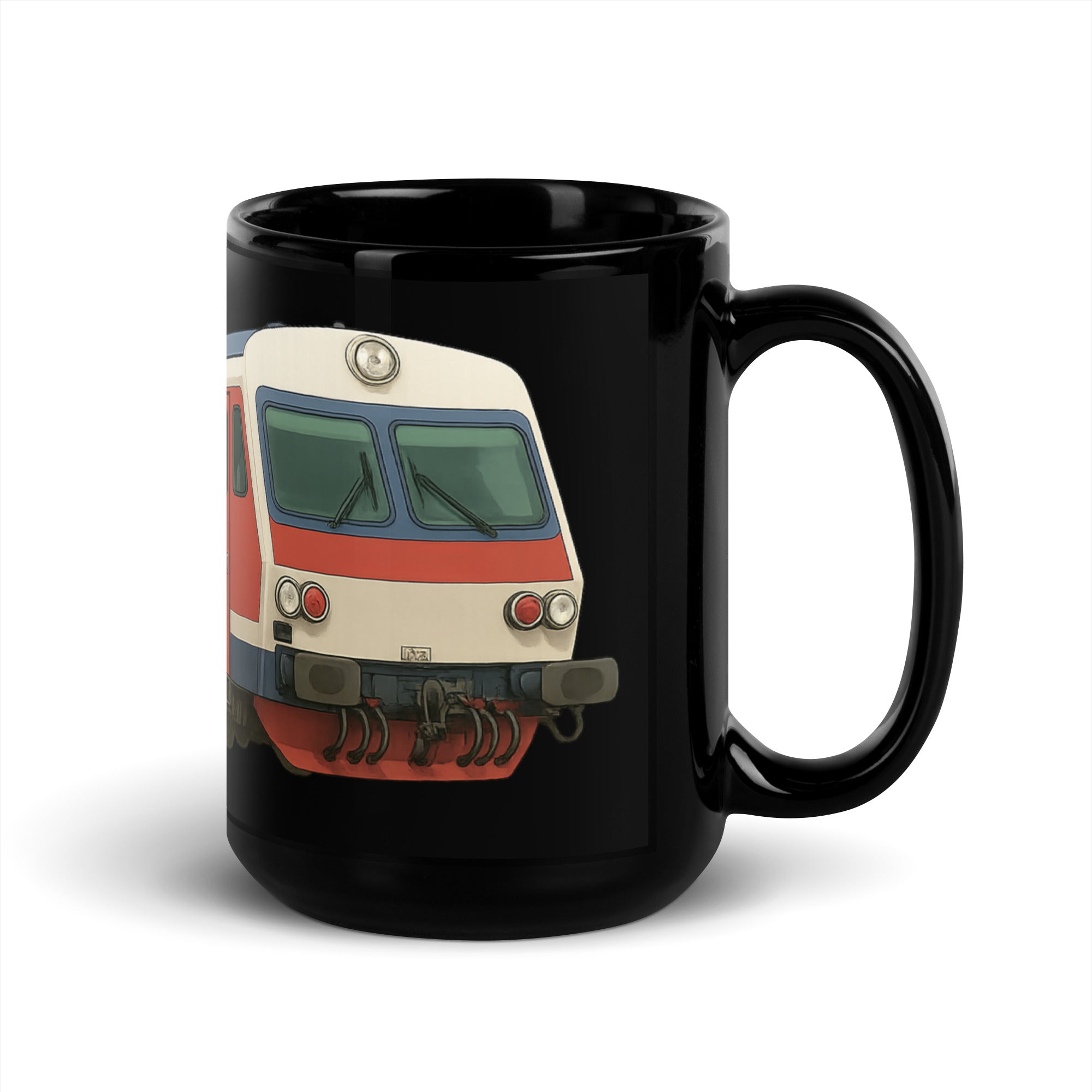 Zug-Tasse für Lokführer: Schwarze Kaffeetasse mit rotem Frontdesign eines Triebwagens – Geschenkidee von Nyrra-Design