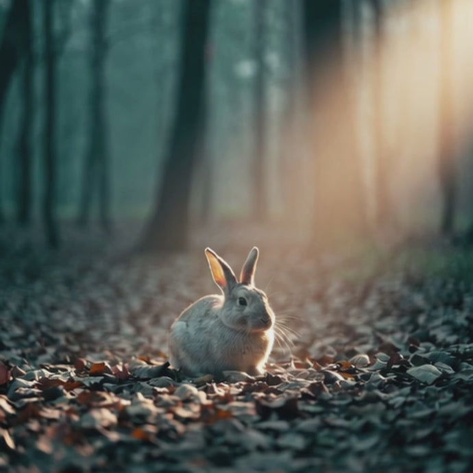Hase im herbstlichen Wald, beleuchtet von sanftem Sonnenlicht – Symbol für den Einstieg in den Kaninchenbau bei Nyrra-Design.