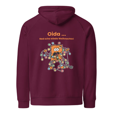 Jammerlappen „Oida … Ned scho wieda Weihnochtn!“ Weihnachts-Hoodie – Burgundy – Rückansicht