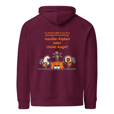 Jammerlappen „Vanille-Kipferl oder Linzer Auge?“ Weihnachts-Hoodie – Burgundy – Rückansicht