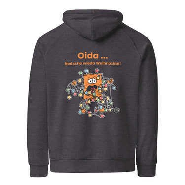 Jammerlappen „Oida … Ned scho wieda Weihnochtn!“ Weihnachts-Hoodie – Charcoal Melange – Rückansicht