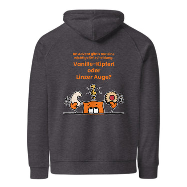 Jammerlappen „Vanille-Kipferl oder Linzer Auge?“ Weihnachts-Hoodie – Charcoal Melange – Rückansicht