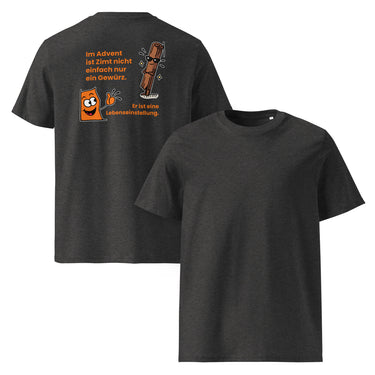 Jammerlappen „Zimt ist eine Lebenseinstellung“ Weihnachts-T-Shirt – Dunkles Heather Grau – Rücken- und Vorderansicht