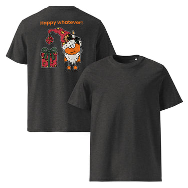 Jammerlappen „Happy whatever!“ Weihnachts-T-Shirt – Dunkles Heather Grau – Rücken- und Vorderansicht
