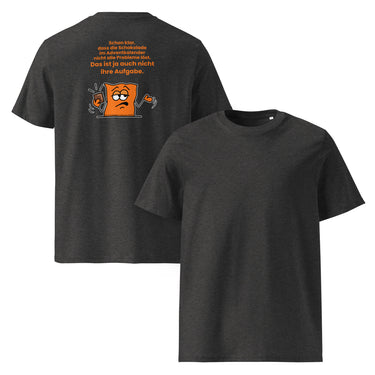 Jammerlappen „Schokolade im Adventkalender“ Weihnachts-T-Shirt – Dunkles Heather Grau – Rücken- und Vorderansicht