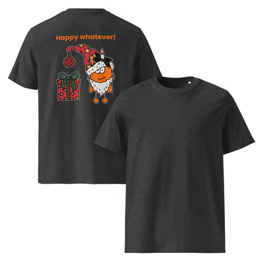 Jammerlappen „Happy whatever!“ Weihnachts-Shirt – Dunkles Heather Grau – Vorder- und Rückansicht