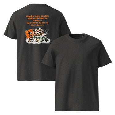 Jammerlappen „Nie zu viele Weihnachtskekse“ Weihnachts-Shirt – Dunkles Heather Grau – Vorder- und Rückansicht