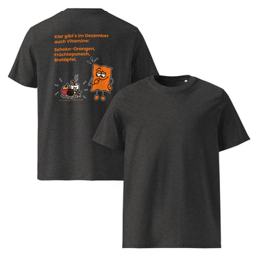 Jammerlappen „Vitamine im Dezember“ Weihnachts-Shirt – Dunkles Heather Grau – Vorder- und Rückansicht