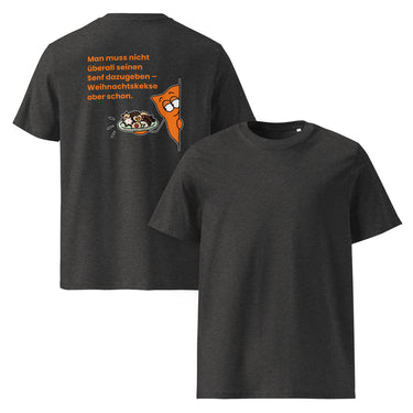 Jammerlappen „Weihnachtskekse aber schon“ Weihnachts-Shirt – Dunkles Heather Grau – Vorder- und Rückansicht