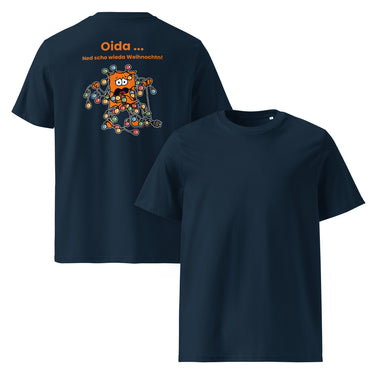 Jammerlappen „Oida … Ned scho wieda Weihnochtn!“ Weihnachts-T-Shirt – French Navy – Rücken- und Vorderansicht
