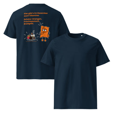 Jammerlappen „Vitamine im Dezember“ Weihnachts-T-Shirt – French Navy – Rücken- und Vorderansicht