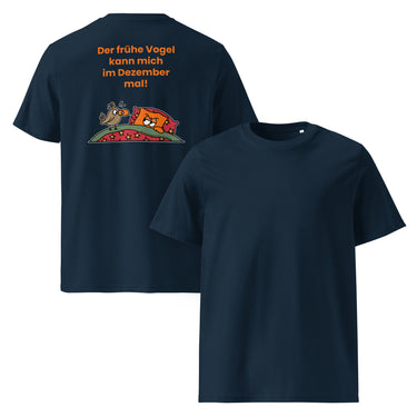 Jammerlappen „Der frühe Vogel kann mich im Dezember mal!“ Weihnachts-T-Shirt – French Navy – Rücken- und Vorderansicht