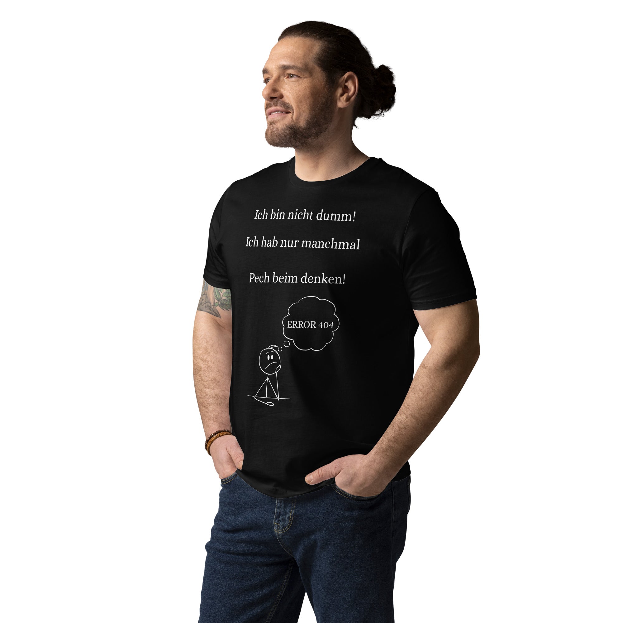 Lustiges schwarzes T-Shirt mit weißem Spruch „Pech beim Denken“ und ERROR 404 Cartoon für Nerds & Sarkasmus-Fans