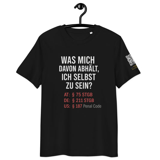 schwarzes T-Shirt mit Spruch was mich davon abhält ich selbst zu sein mit Paragraphen aus AT DE US in weiß und rot, QR-Code am rechten Ärmel
