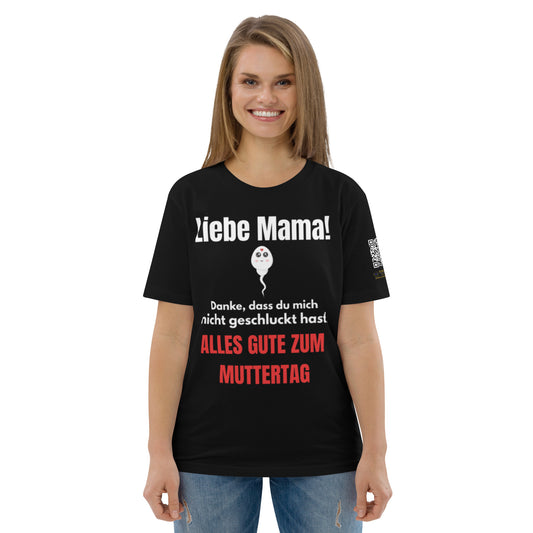 schwarzes T-Shirt mit Text liebe mama danke dass du mich nicht geschluckt hast alles gute zum muttertag, Spermien-Illustration, QR-Code am rechten Ärmel
