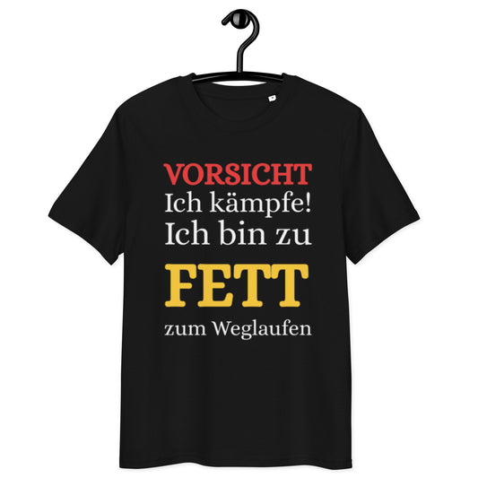 schwarzes T-Shirt mit Spruch vorsicht ich kämpfe ich bin zu fett zum weglaufen in rot, weiß und gelb, humorvoller Text
