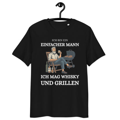 schwarzes T-Shirt mit Spruch ich bin ein einfacher mann ich mag whisky und grillen, Illustration eines Mannes mit Grill und Whiskyglas
