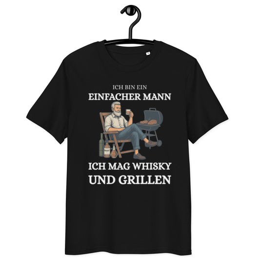 schwarzes T-Shirt mit Spruch ich bin ein einfacher mann ich mag whisky und grillen, Illustration eines Mannes mit Grill und Whiskyglas
