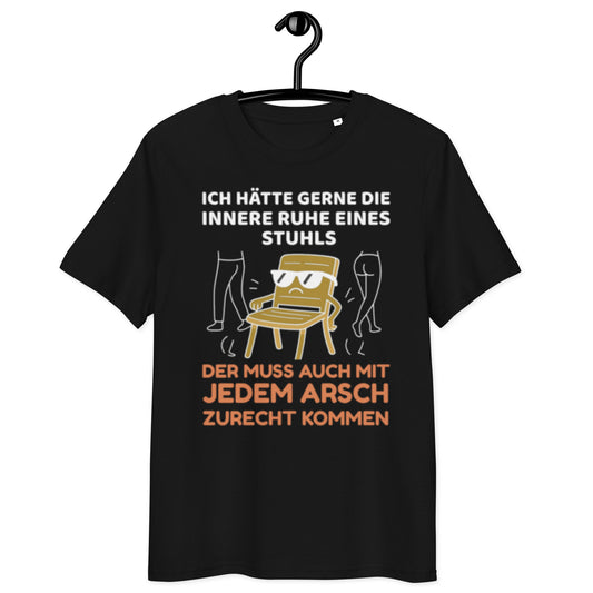 schwarzes T-Shirt mit Spruch ich hätte gerne die innere ruhe eines stuhls der muss auch mit jedem arsch zurecht kommen, Illustration eines genervten Stuhls mit Sonnenbrille
