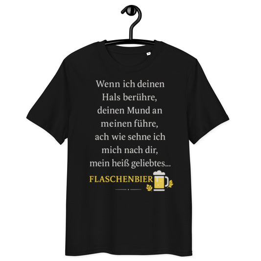 schwarzes T-Shirt mit Spruch über romantische Sehnsucht, Auflösung flaschenbier, gelbes Bierglas-Emoji, Text in weiß und gelb
