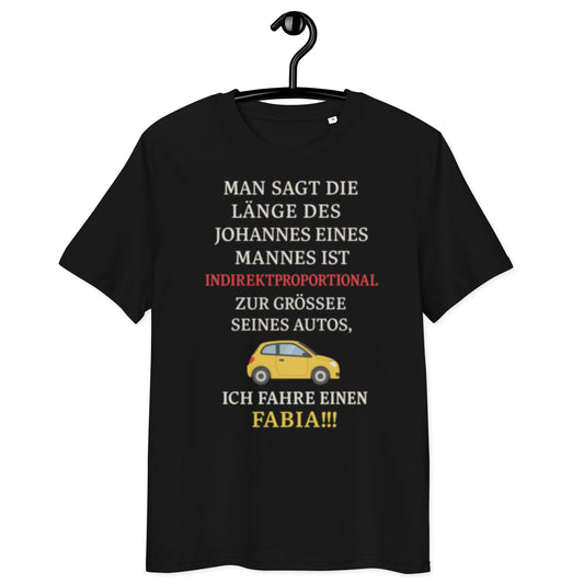 schwarzes T-Shirt mit Spruch über die Länge des Johannes und die Größe eines Autos, gelbes Auto-Icon, Text in weiß, rot und gelb

