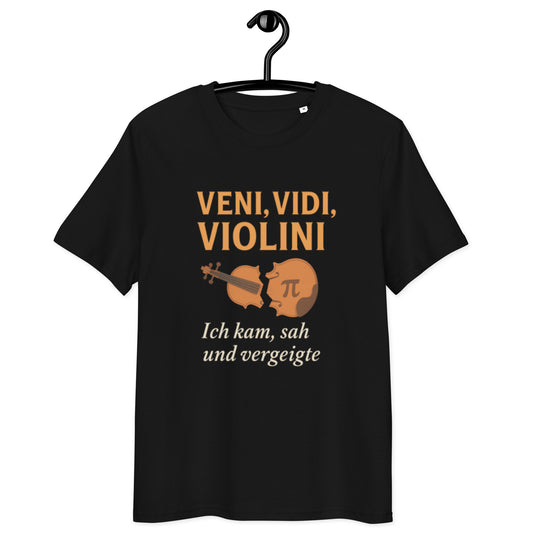 schwarzes T-Shirt mit Spruch veni vidi violini ich kam sah und vergeigte, Illustration einer zerbrochenen Geige mit Pi-Zeichen
