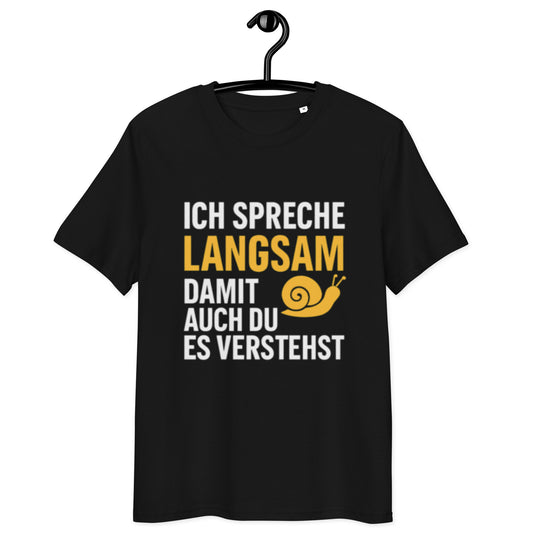 schwarzes T-Shirt mit Spruch ich spreche langsam damit auch du es verstehst in weiß und gelb, gelbe Schnecke als Icon
