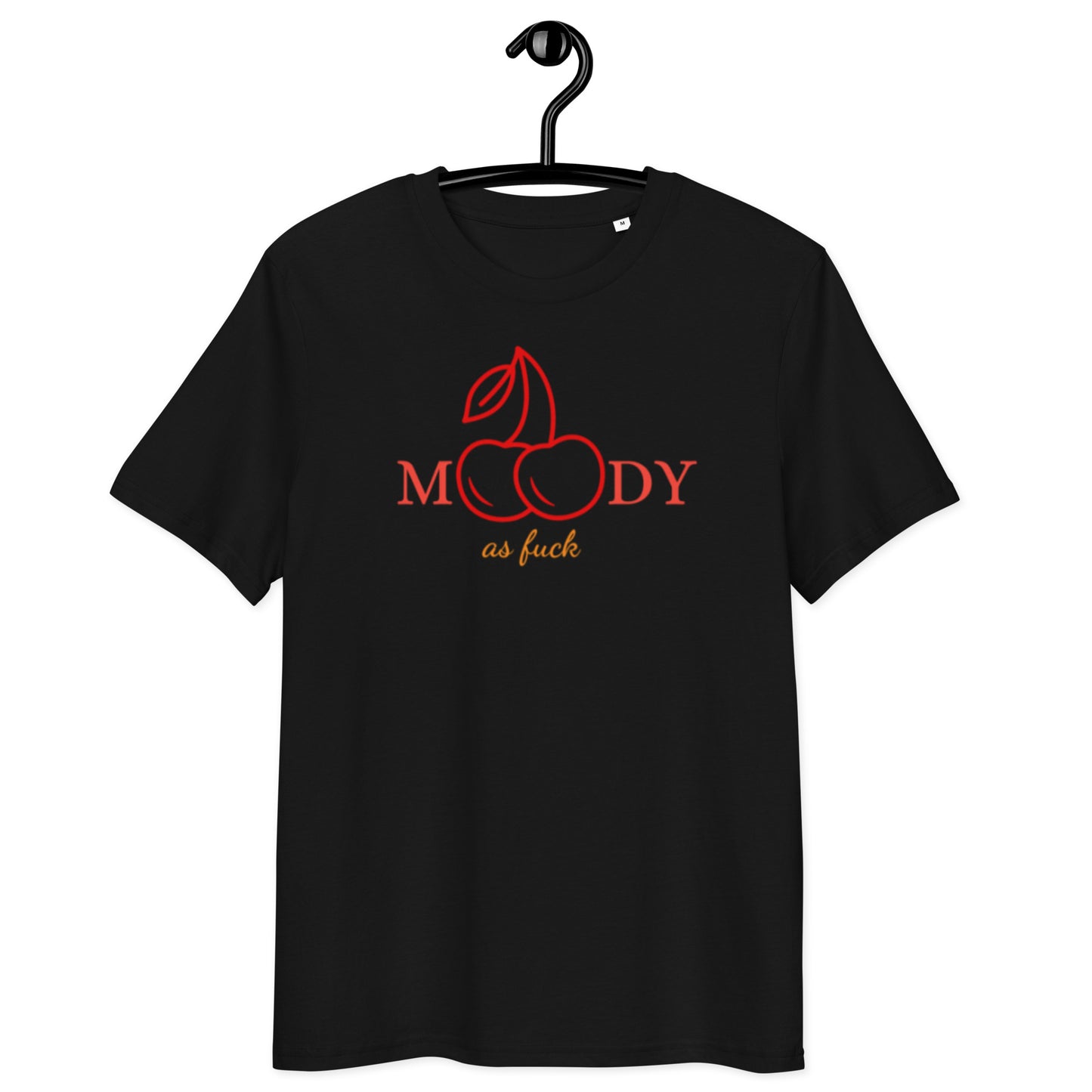 schwarzes T-Shirt mit rotem Aufdruck moody mit Kirschsymbol als o und gelbem Schriftzug as fuck darunter
