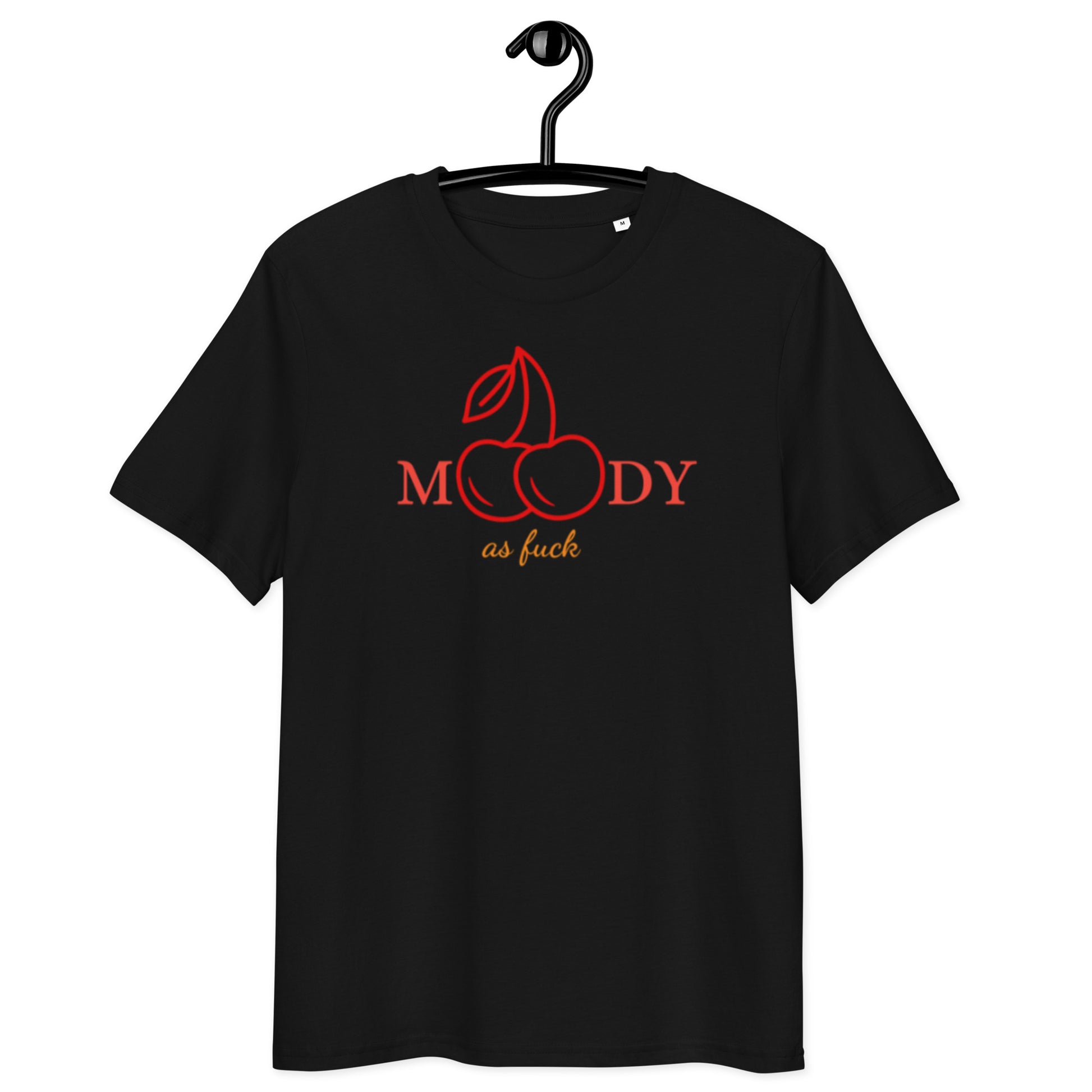 schwarzes T-Shirt mit rotem Aufdruck moody mit Kirschsymbol als o und gelbem Schriftzug as fuck darunter
