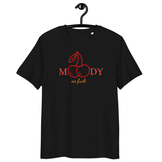 schwarzes T-Shirt mit rotem Aufdruck moody mit Kirschsymbol als o und gelbem Schriftzug as fuck darunter
