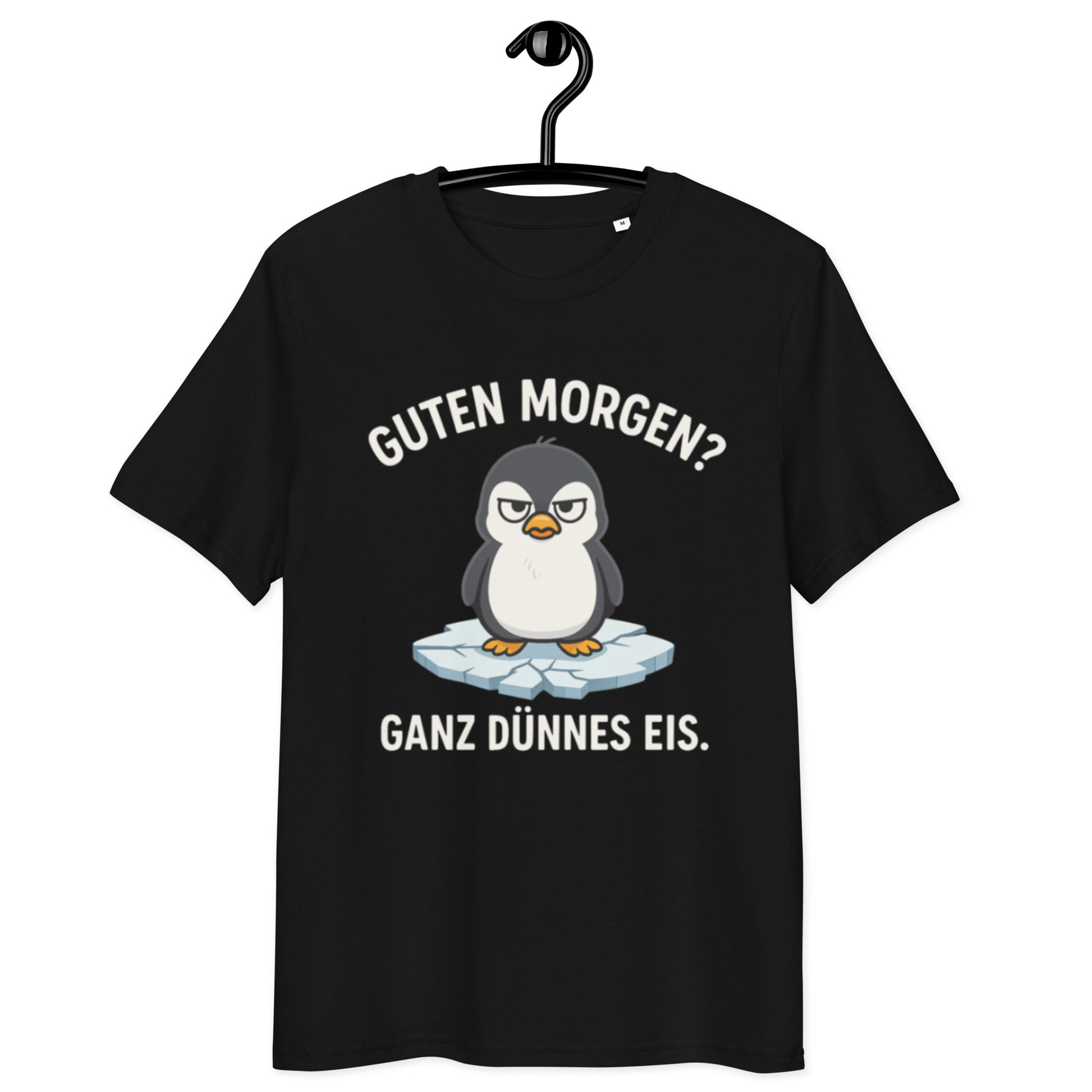 schwarzes T-Shirt mit Spruch guten morgen ganz dünnes eis, grantiger Pinguin auf Eisscholle als Grafikmotiv
